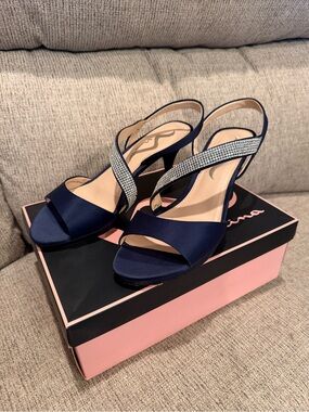Nina Navy Satin Slingback Heels with Crystal Accent